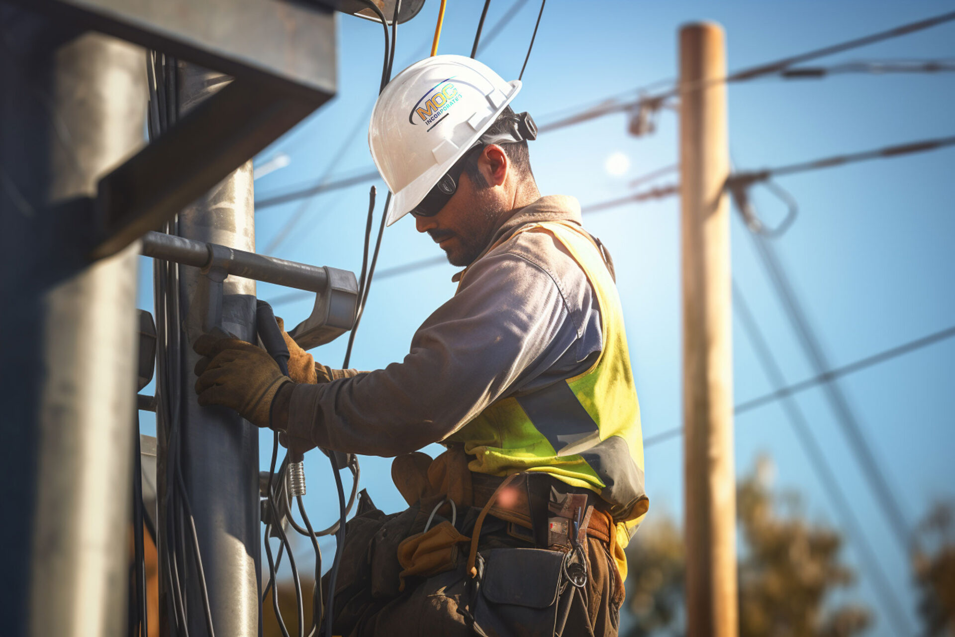 A skilled worker in safety gear is adjusting components on a metal structure, with power lines and utility poles in the background, representing the hands-on expertise in the electrical construction industry.